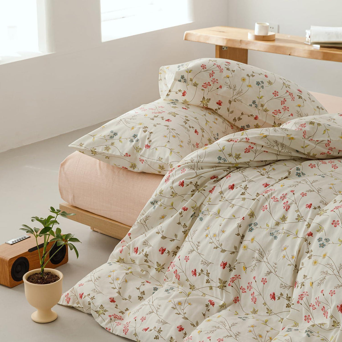 Blumen Bettwäsche Set 220x240 cm Beige Baumwolle 3tlg.