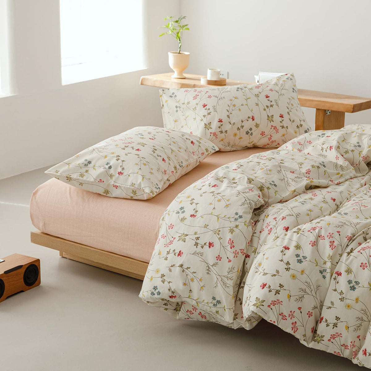 Blumen Bettwäsche Set 220x240 cm Beige Baumwolle 3tlg.