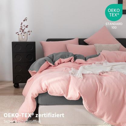 Doppelte Muslin Bettwäsche 155x220 Rosa Grau – 3-teilig