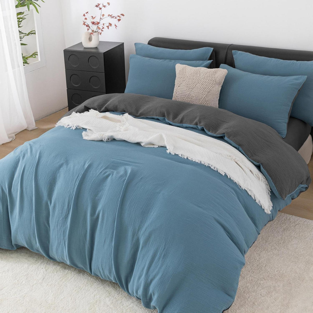 Doppelte Muslin Bettwäsche 220x240 Petrol Grau – 3-teilig