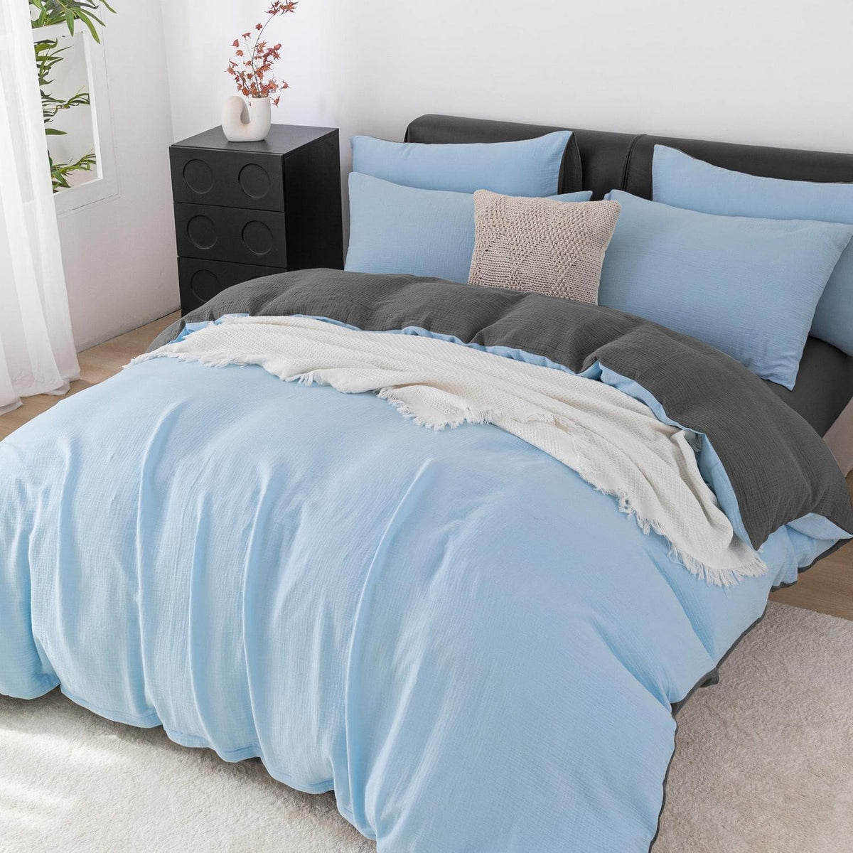 Doppelte Muslin Bettwäsche 200x200 Blau Grau – 3-teilig & Atmungsaktiv
