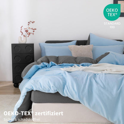Doppelte Muslin Bettwäsche 200x200 Blau Grau – 3-teilig & Atmungsaktiv
