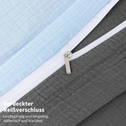 Doppelte Muslin Bettwäsche 200x200 Blau Grau – 3-teilig & Atmungsaktiv