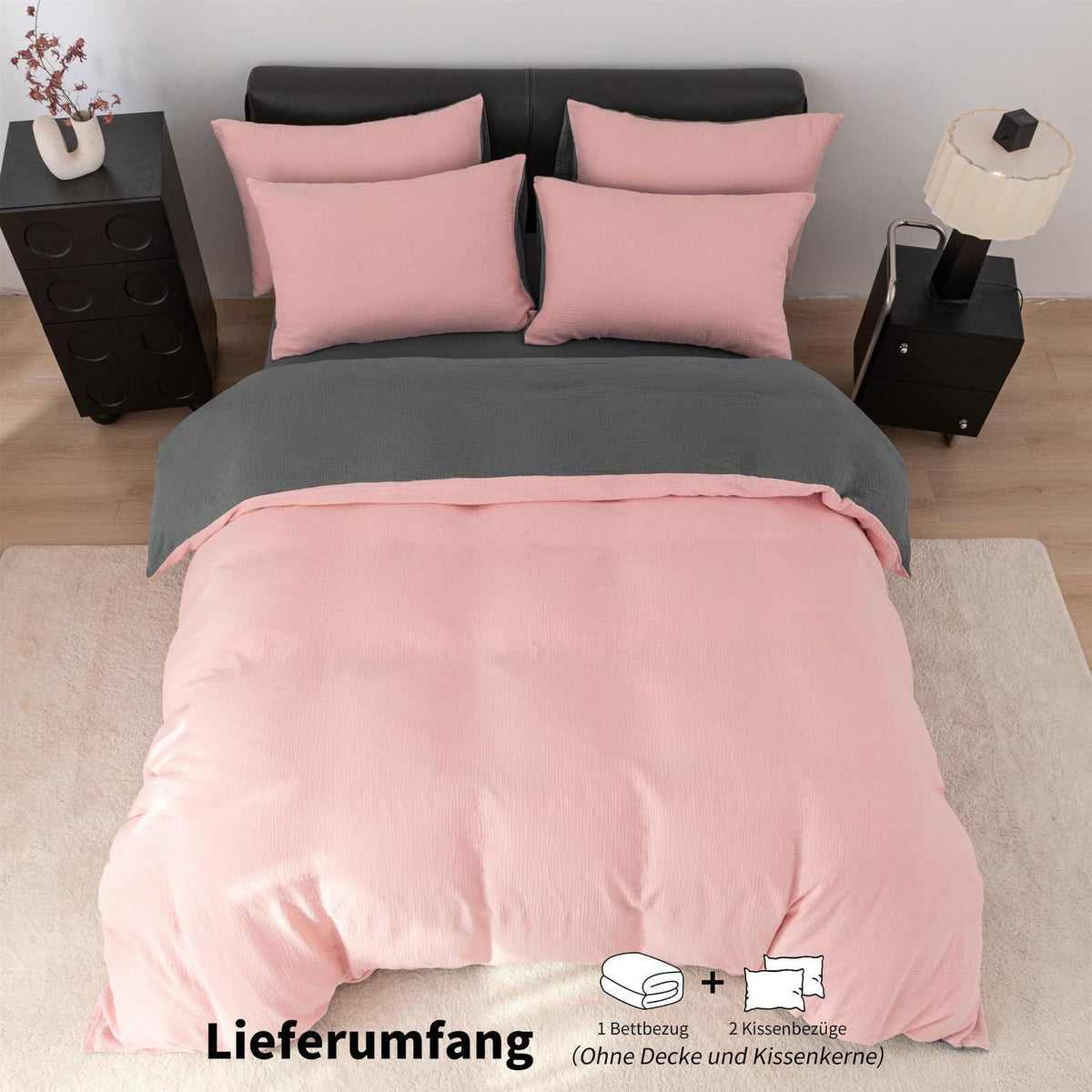 Doppelte Muslin Bettwäsche 220x240 Rosa Grau – Weich & Atmungsaktiv