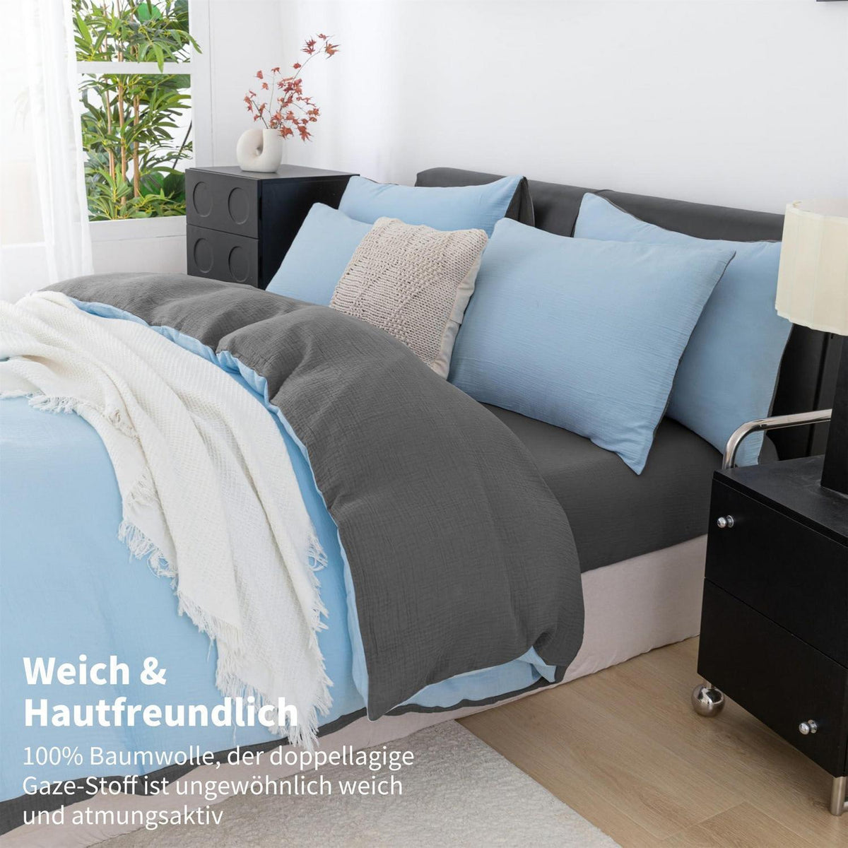 Doppelte Muslin Bettwäsche 220x240 Blau Grau – 3-teilig
