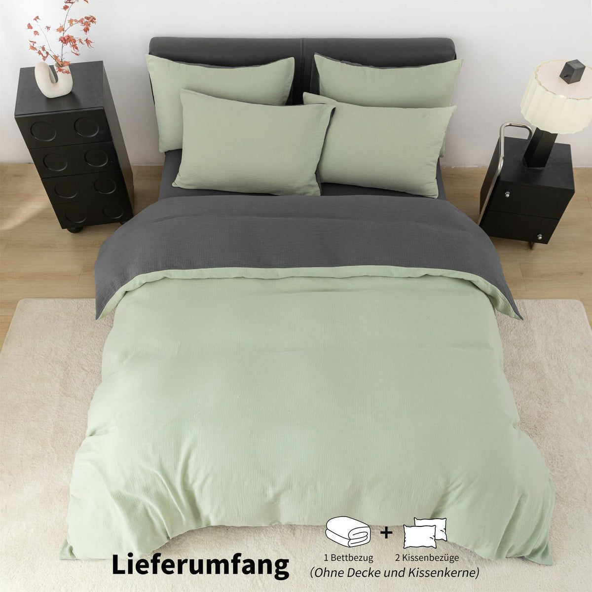 Doppelte Muslin Bettwäsche 200x220 Grün Grau – Weich & Atmungsaktiv