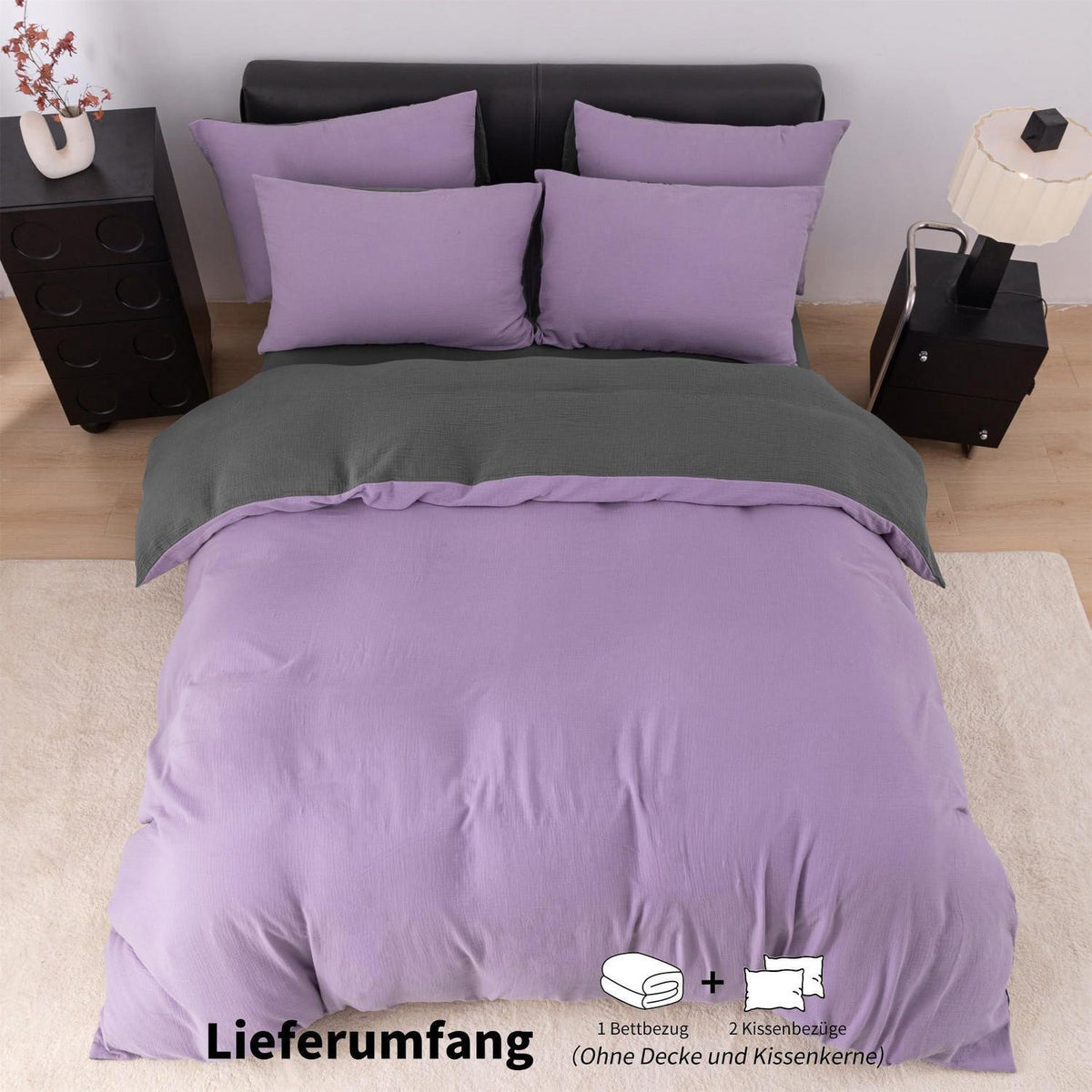 Doppelte Muslin Bettwäsche Lila Grau 220x240 cm - 3-teilig