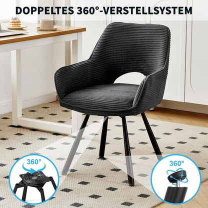 360° Drehbarer Esszimmerstuhl mit Armlehnen & Cordbezug Schwarz