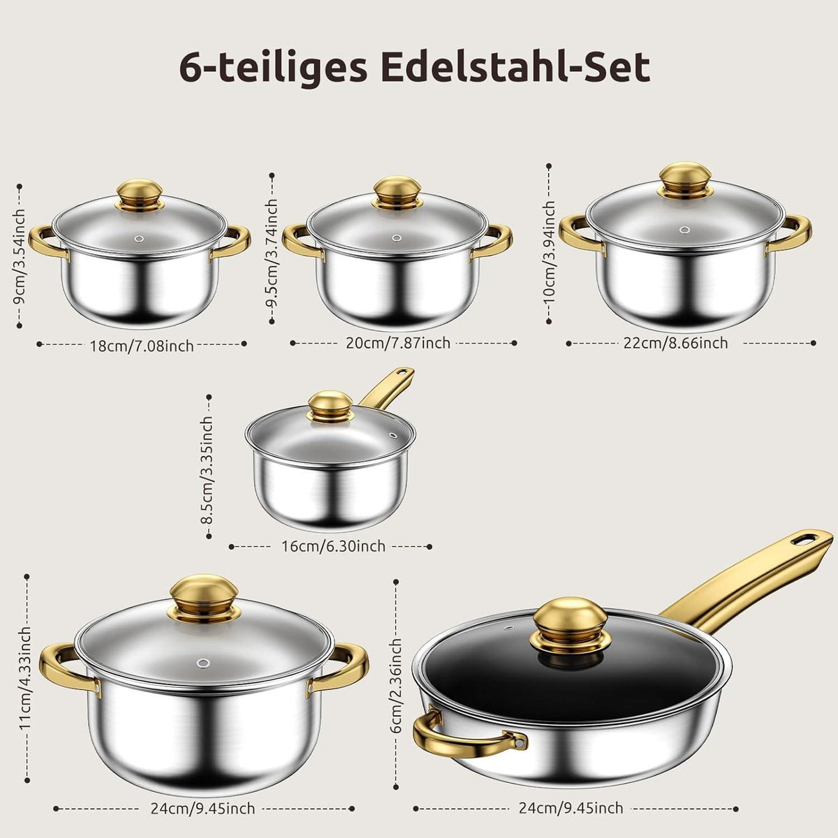 Edelstahl Topfset 12-teilig Küchen-Kochgeschirr-Set spülmaschinenfest