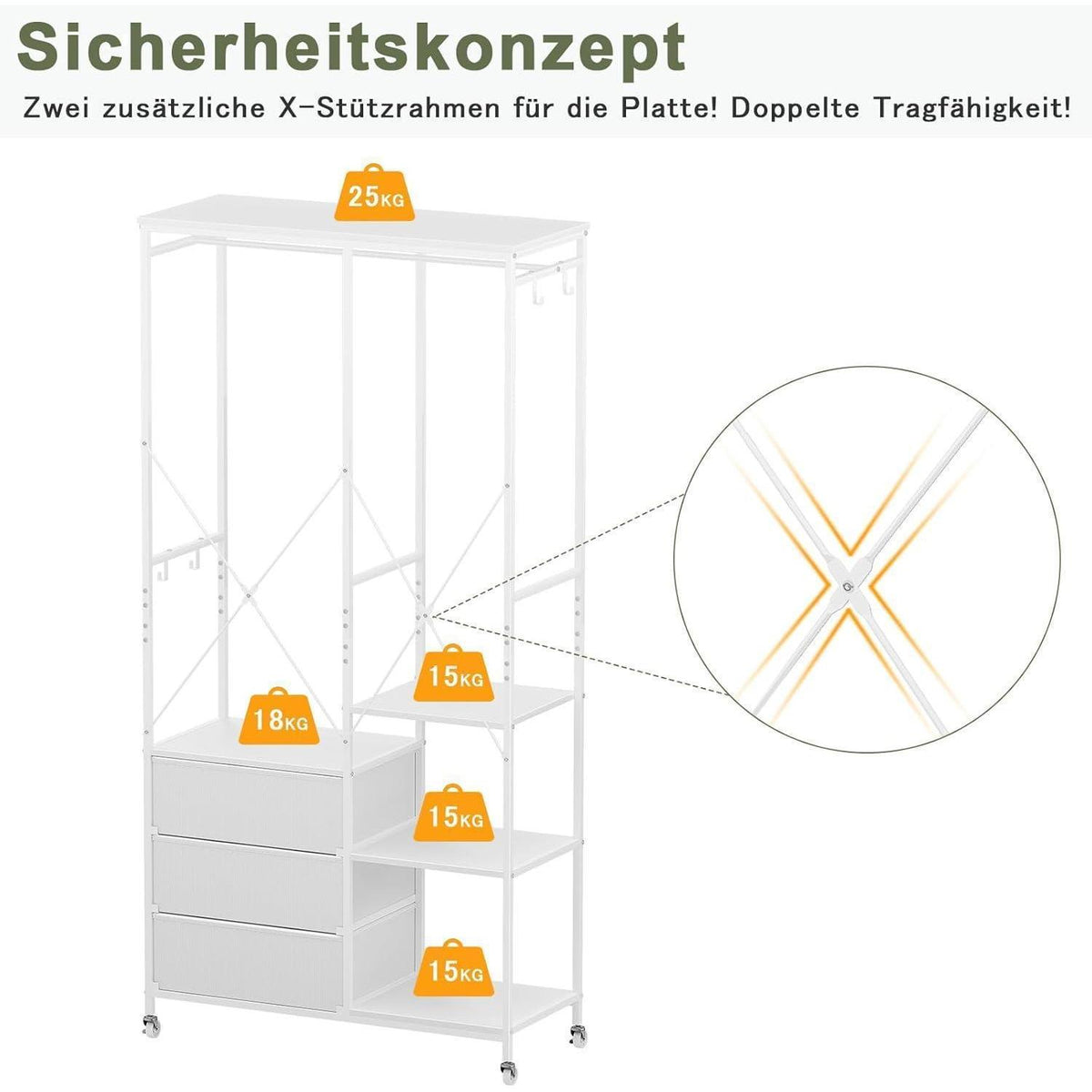 Fahrbarer Kleiderständer mit Schubladen & Haken – Weiß