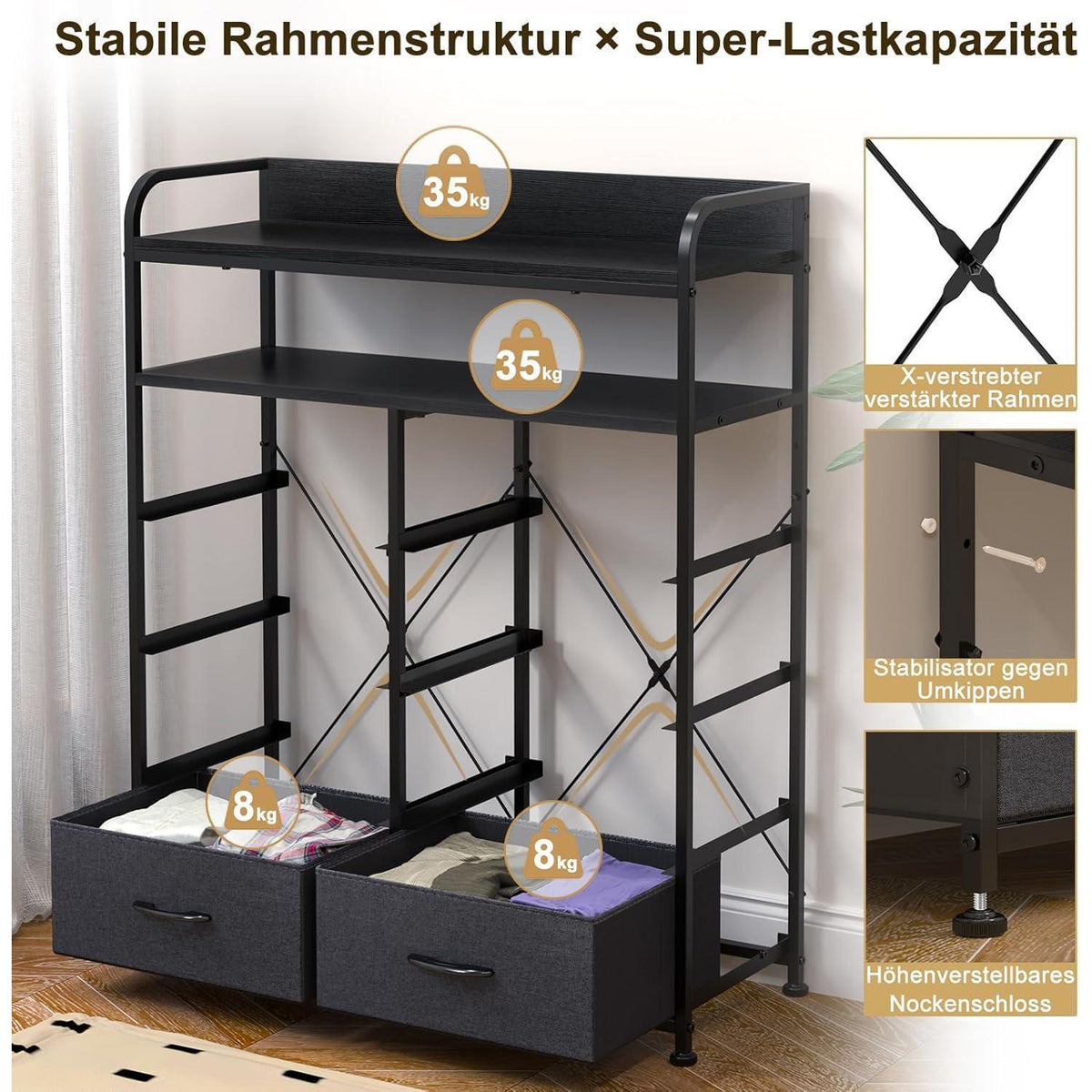 Kommode mit 8 Stoffschubladen & 2 Regalen, Schwarz