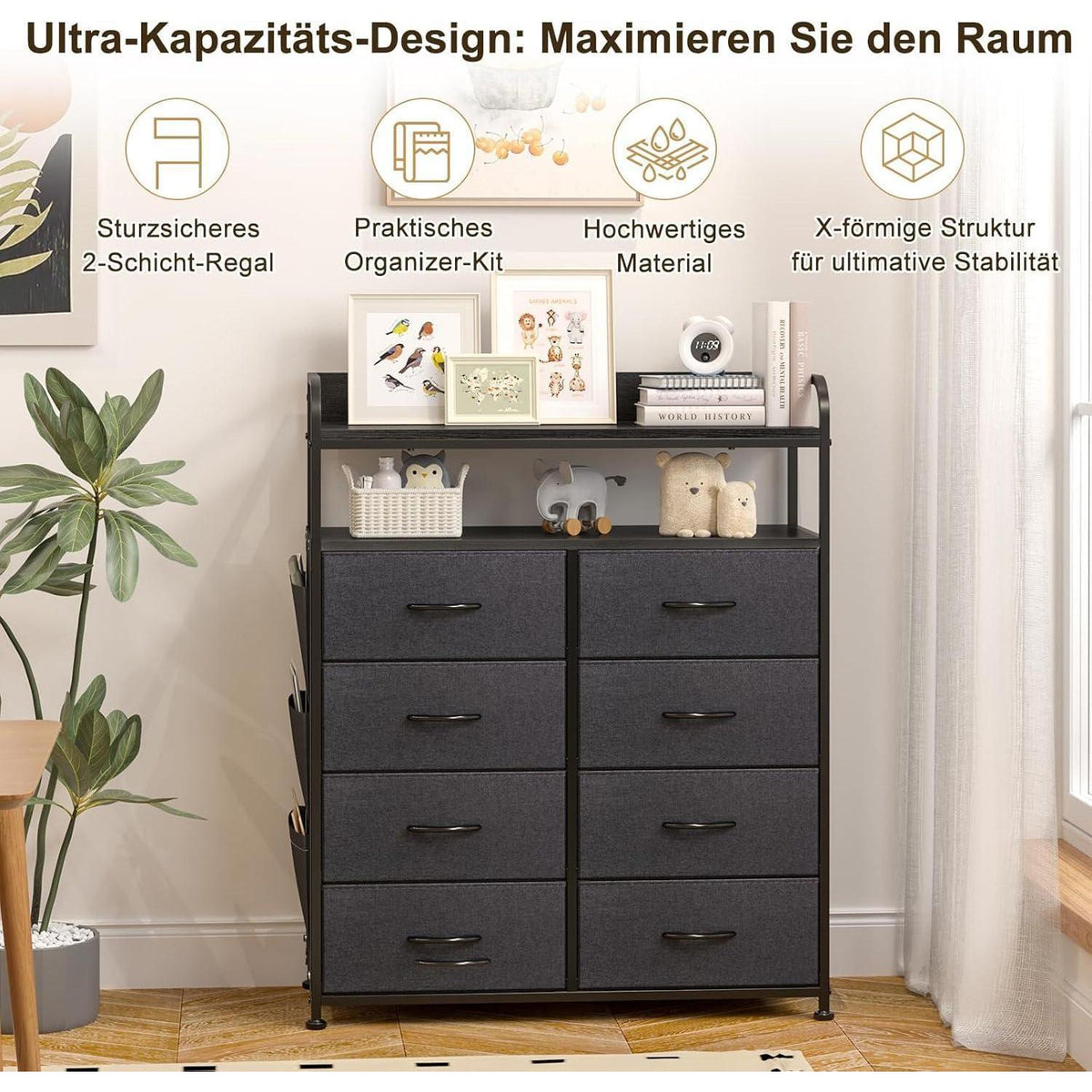 Kommode mit 8 Stoffschubladen & 2 Regalen, Schwarz