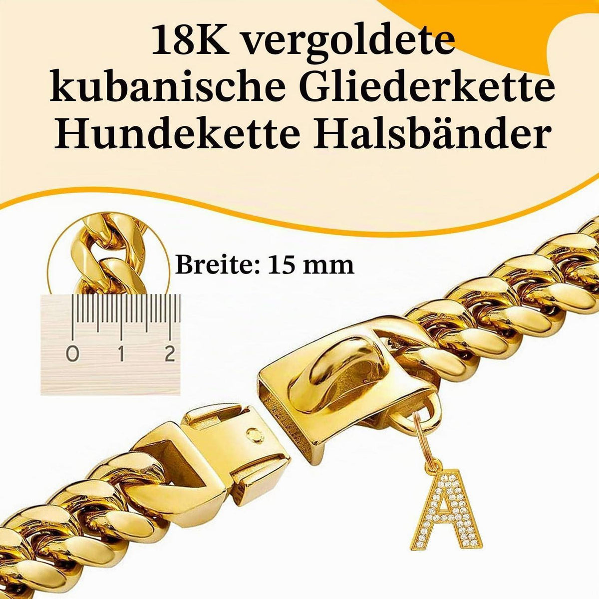 Goldene Hundekette 15mm mit Anhänger – 55cm