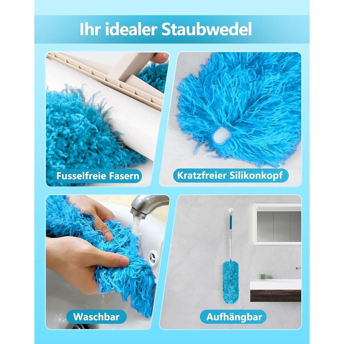 Teleskop Staubwedel ausziehbar, waschbar, mit Silikonkappe, Himmelblau