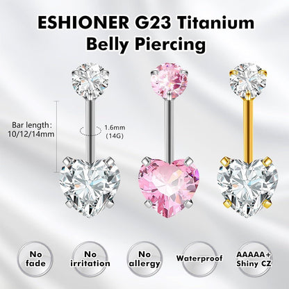 G23 Titan Bauchnabelpiercing Gold Silber 14G 8-12mm mit Herz