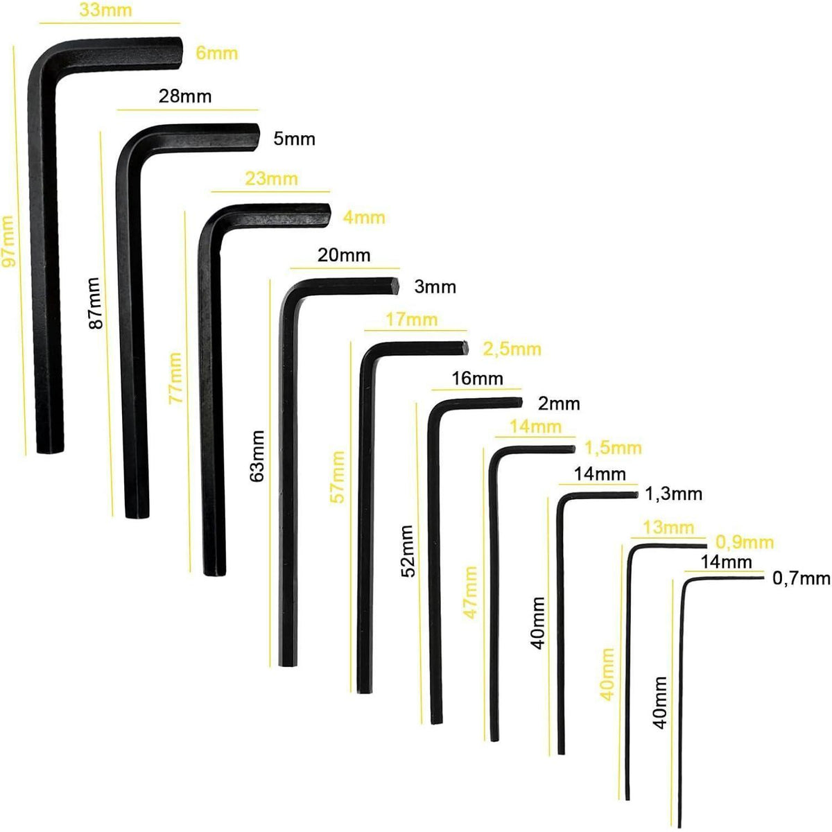 Sechskantschlüssel Set 10-teilig, 0,7-6mm, Legierter Stahl