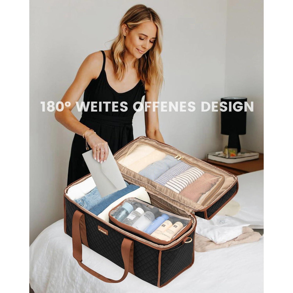 Große Reisetasche mit vielen Fächern, Weekender Handgepäck XL Schwarz+braun