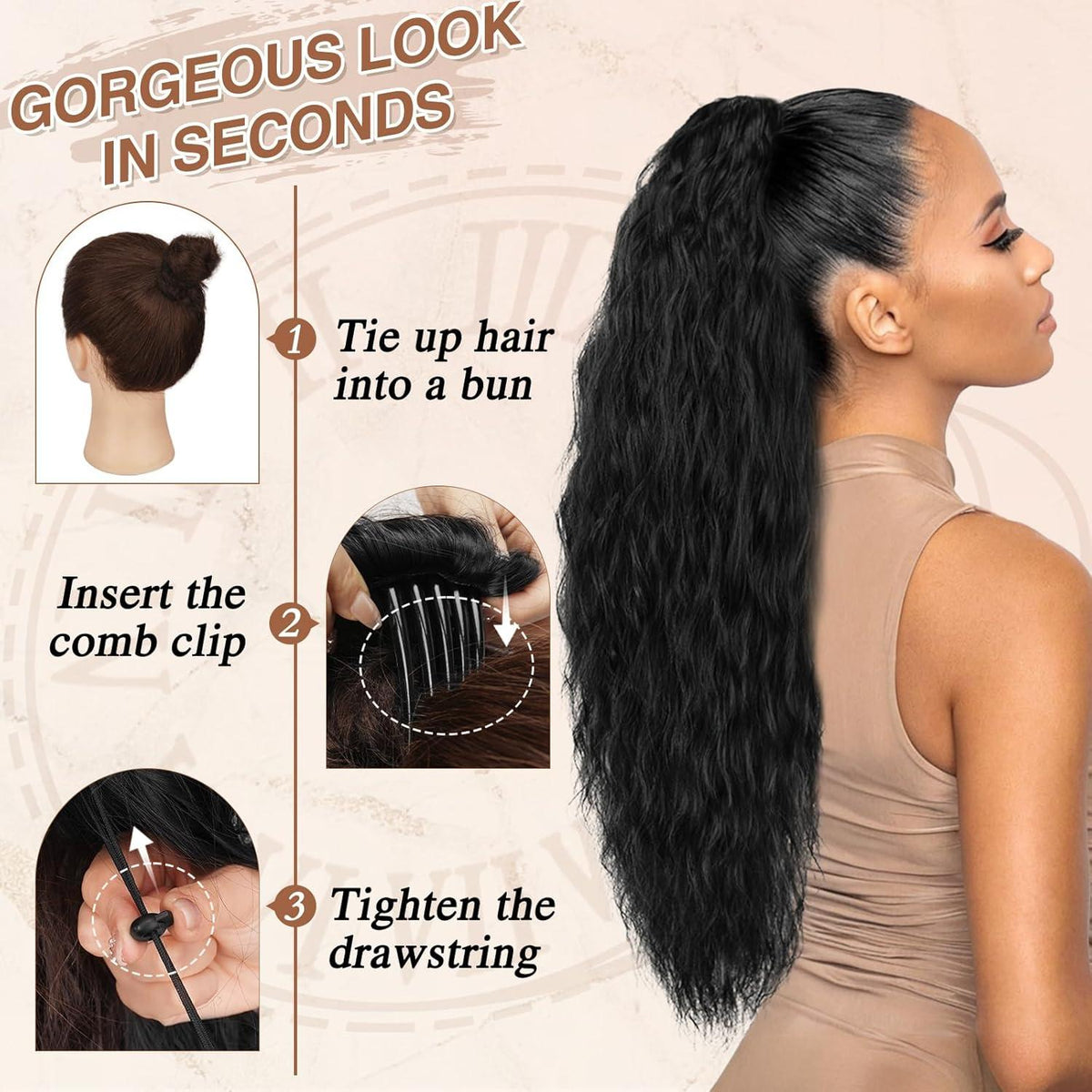 Lockige Wellige Ponytail Extension 76cm Schwarz Braun