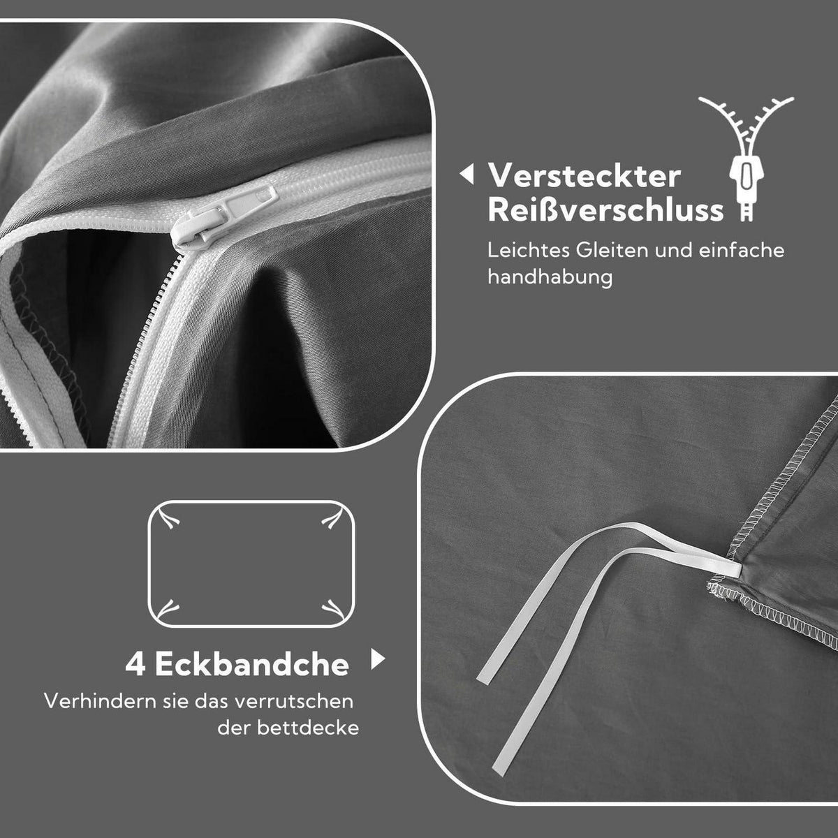 Satin Bettwäsche Set 220x240 Baumwolle Kühlend Kohlegrau