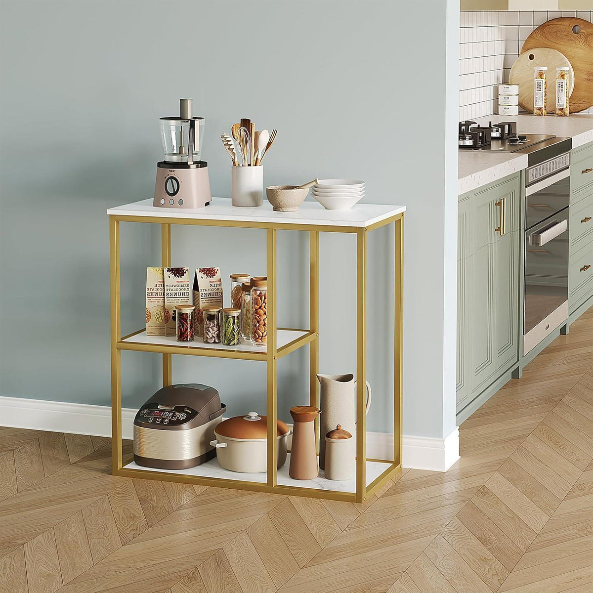 Moderner Konsolentisch mit Ablage – Weiß & Gold, 80x30x80 cm