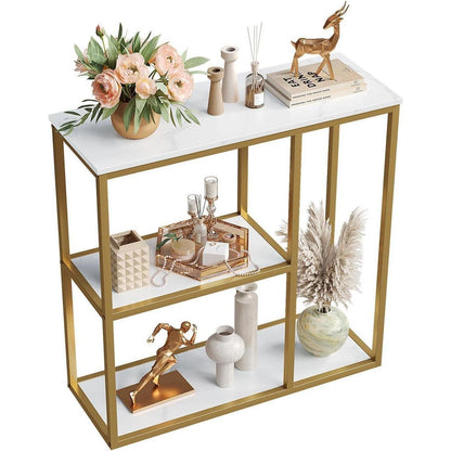 Moderner Konsolentisch mit Ablage – Weiß & Gold, 80x30x80 cm