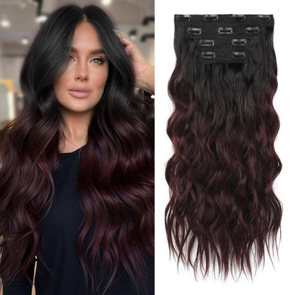 Clip-In Haarverlängerung Schwarz-Burgunder Ombre, 60cm Strandwellen