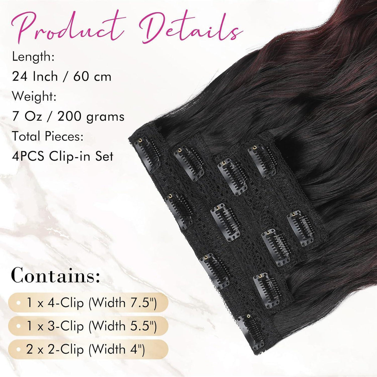 Clip-In Haarverlängerung Schwarz-Burgunder Ombre, 60cm Strandwellen