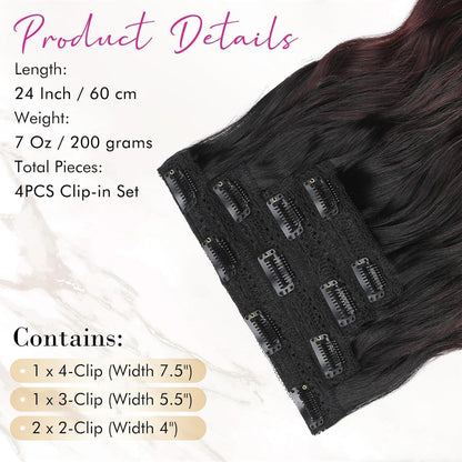 Clip-In Haarverlängerung Schwarz-Burgunder Ombre, 60cm Strandwellen
