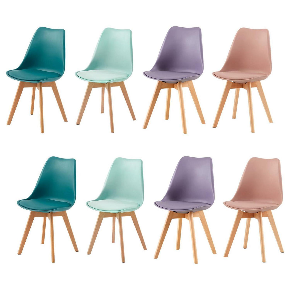 8er Set Esszimmerstühle Retro Skandi Rauchrosa Türkis Mint Grau