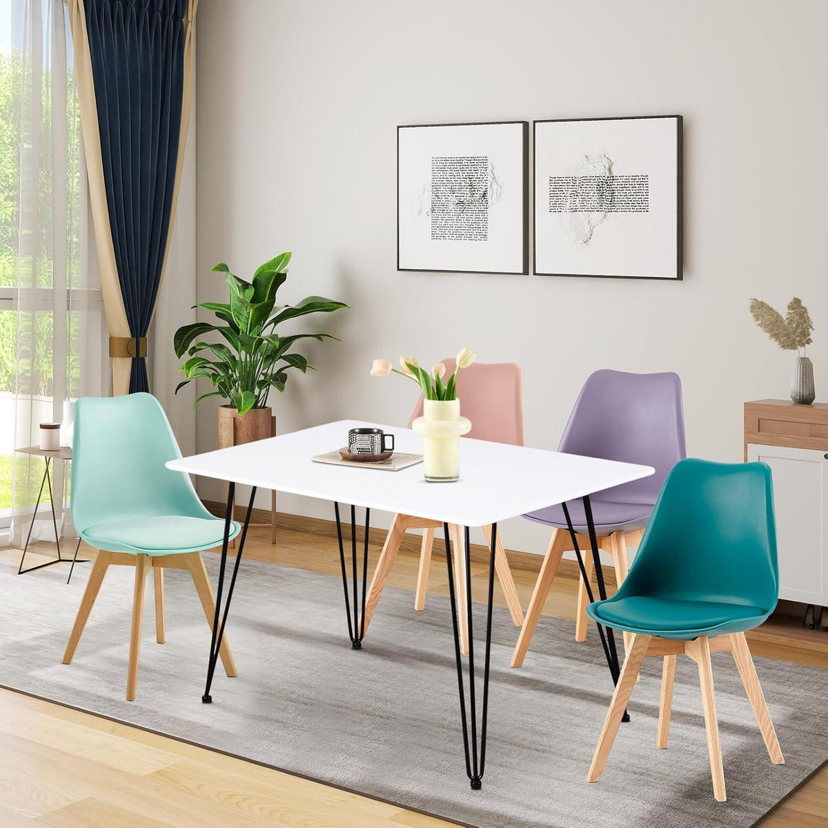 4er Set Esszimmerstühle Retro Skandi Rauchrosa Türkis Mint Grau