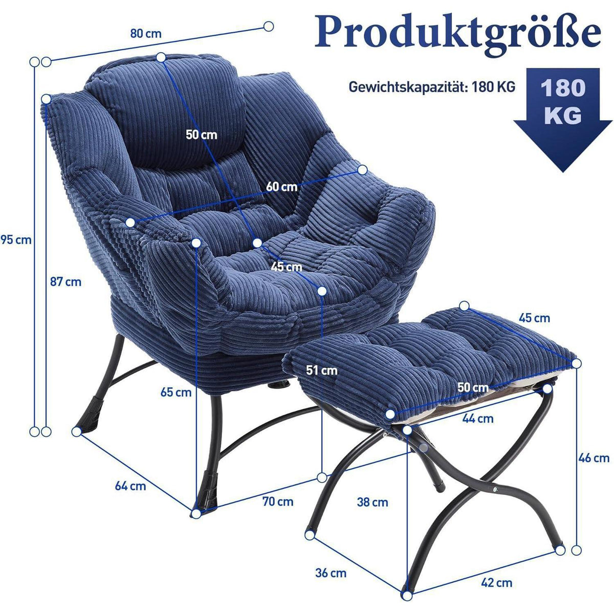 Lazy Chair mit Ottomane – Bequemer Faulenzersessel Marineblau