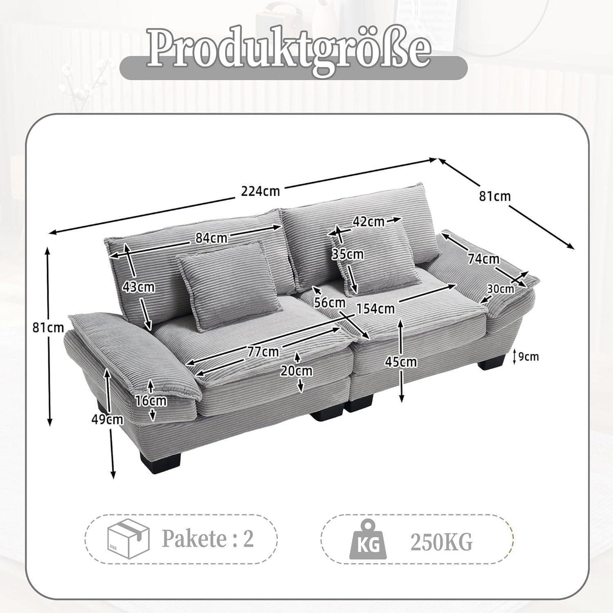 Modernes 2-Sitzer Polstersofa mit Armlehnen – Hellgrau