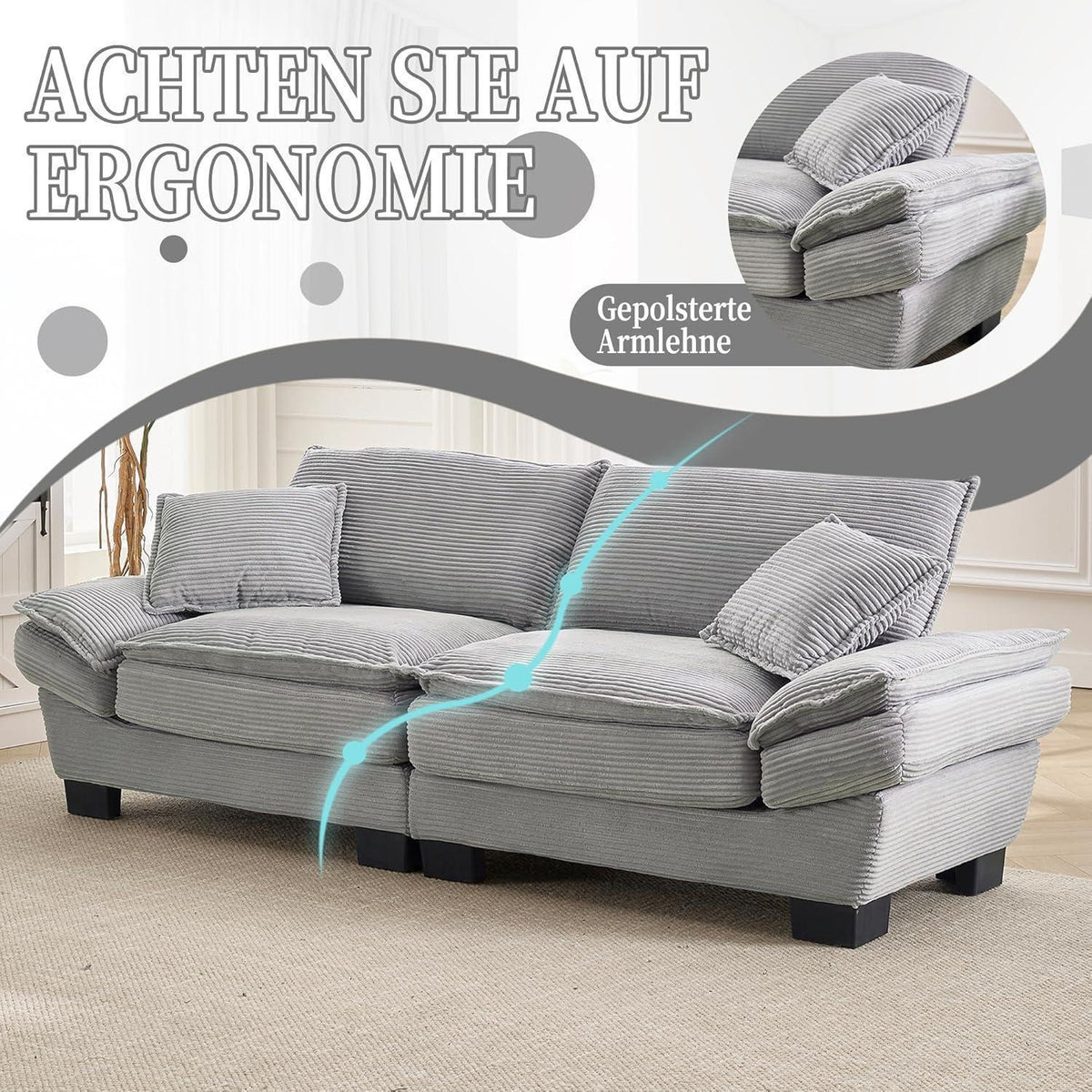 Modernes 2-Sitzer Polstersofa mit Armlehnen – Hellgrau