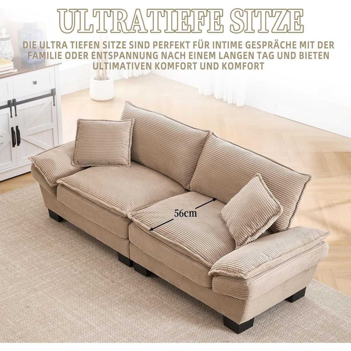 Modernes 2-Sitzer Sofa mit Polsterarmlehnen & Beinen (Khaki)