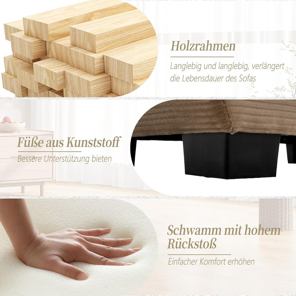 Modernes 2-Sitzer Sofa mit Polsterarmlehnen & Beinen (Khaki)