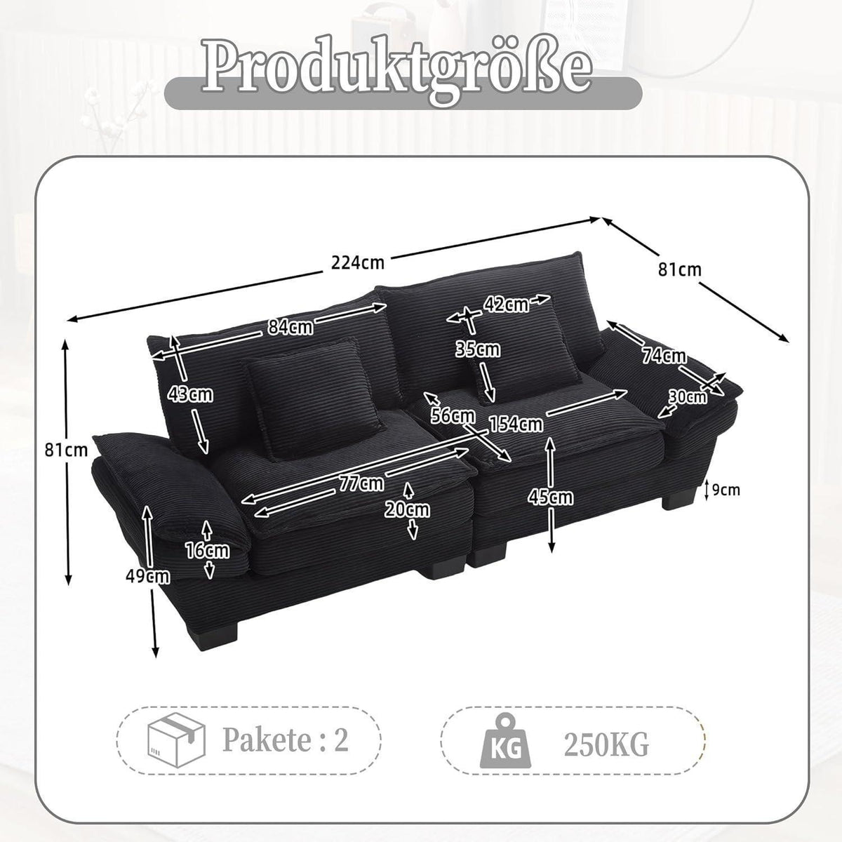 Modernes 2-Sitzer Sofa mit Polsterarmlehnen & Beinen (Schwarz)