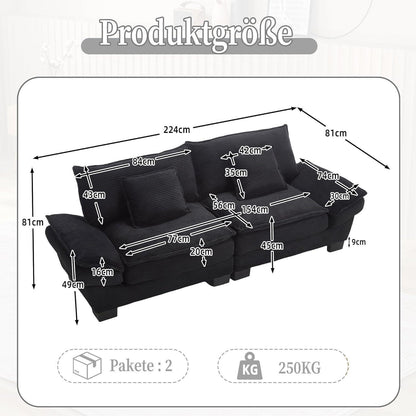 Modernes 2-Sitzer Sofa mit Polsterarmlehnen & Beinen (Schwarz)