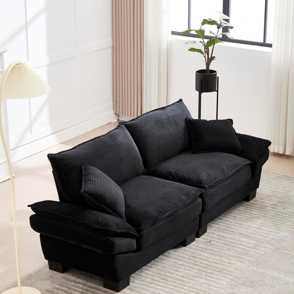 Modernes 2-Sitzer Sofa mit Polsterarmlehnen & Beinen (Schwarz)
