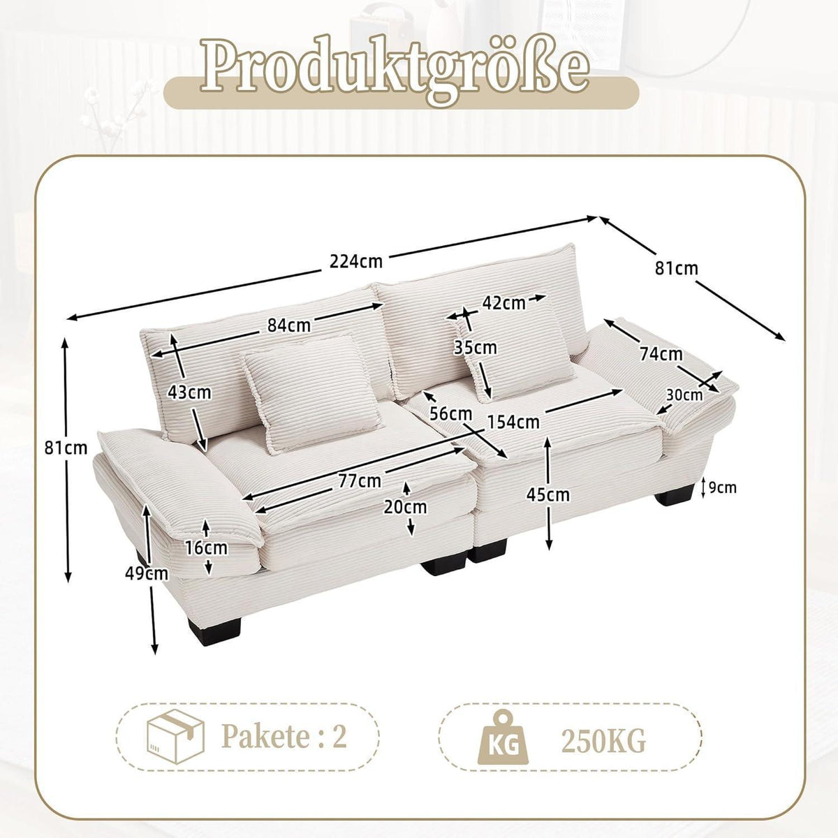 Modernes 2-Sitzer Polstersofa mit gepolsterten Armlehnen (Beige)