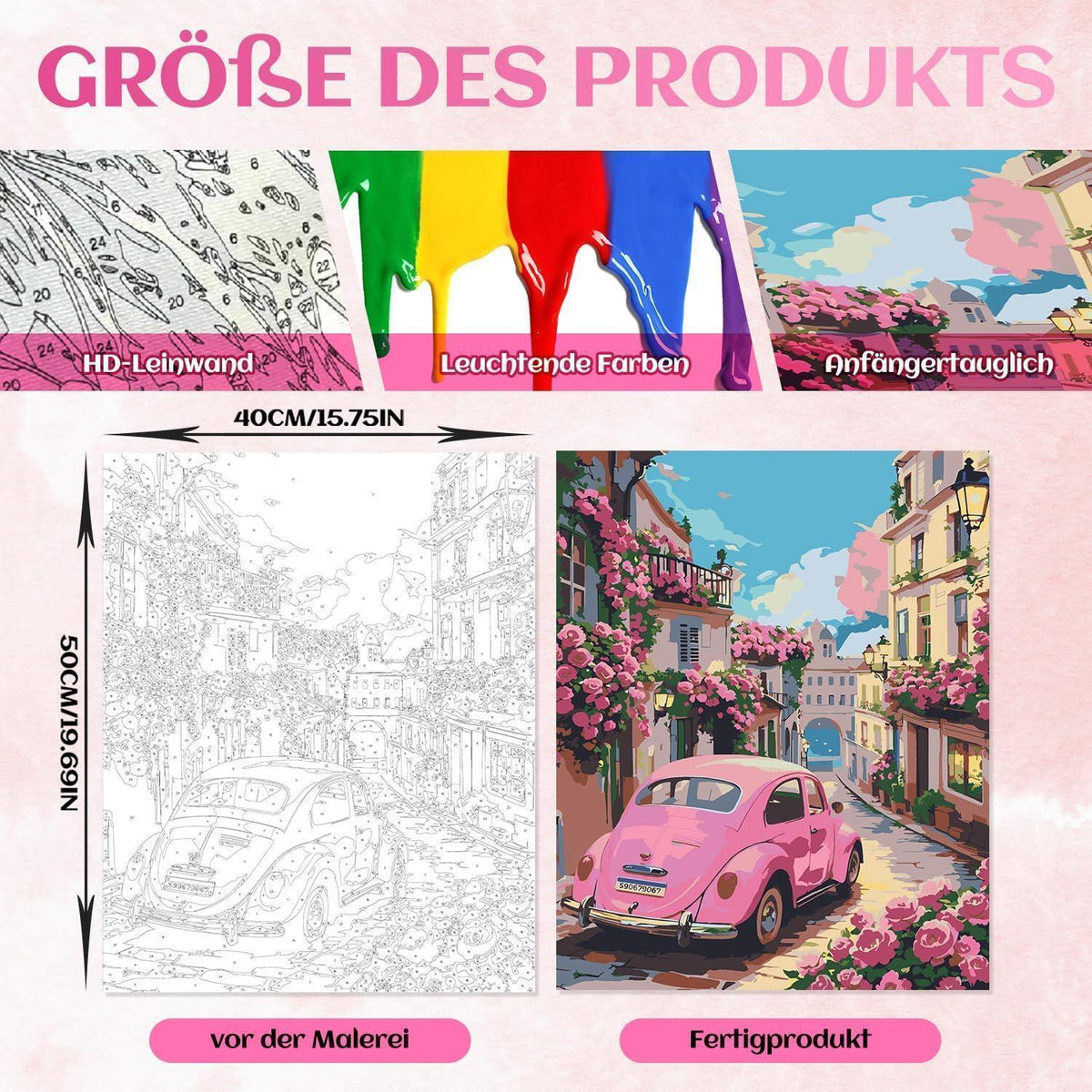 Malen nach Zahlen Rosa Auto mit Rosen, 40x50 cm Leinwand