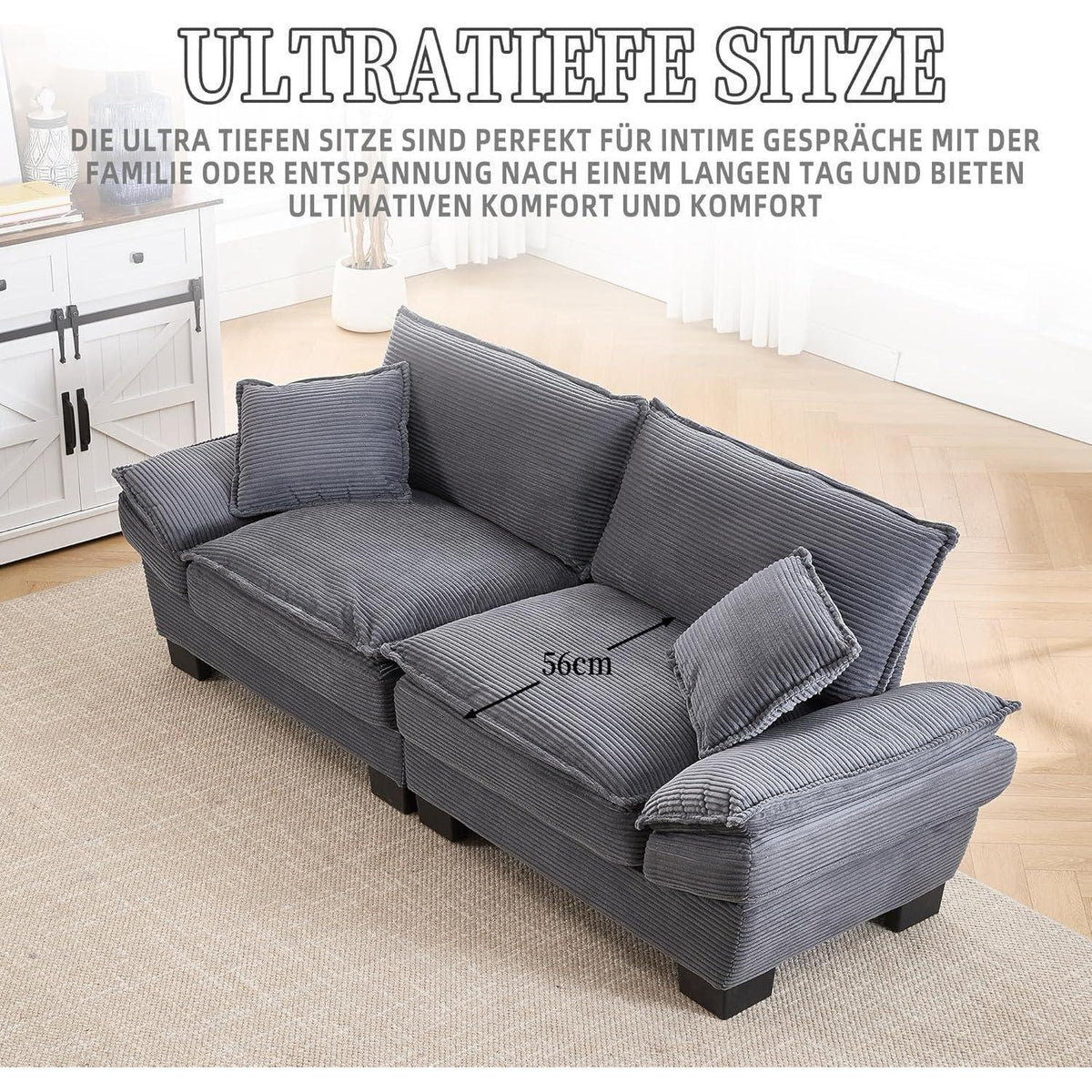 Modernes 2-Sitzer Polstersofa Dunkel Grau mit Komfort Armlehnen