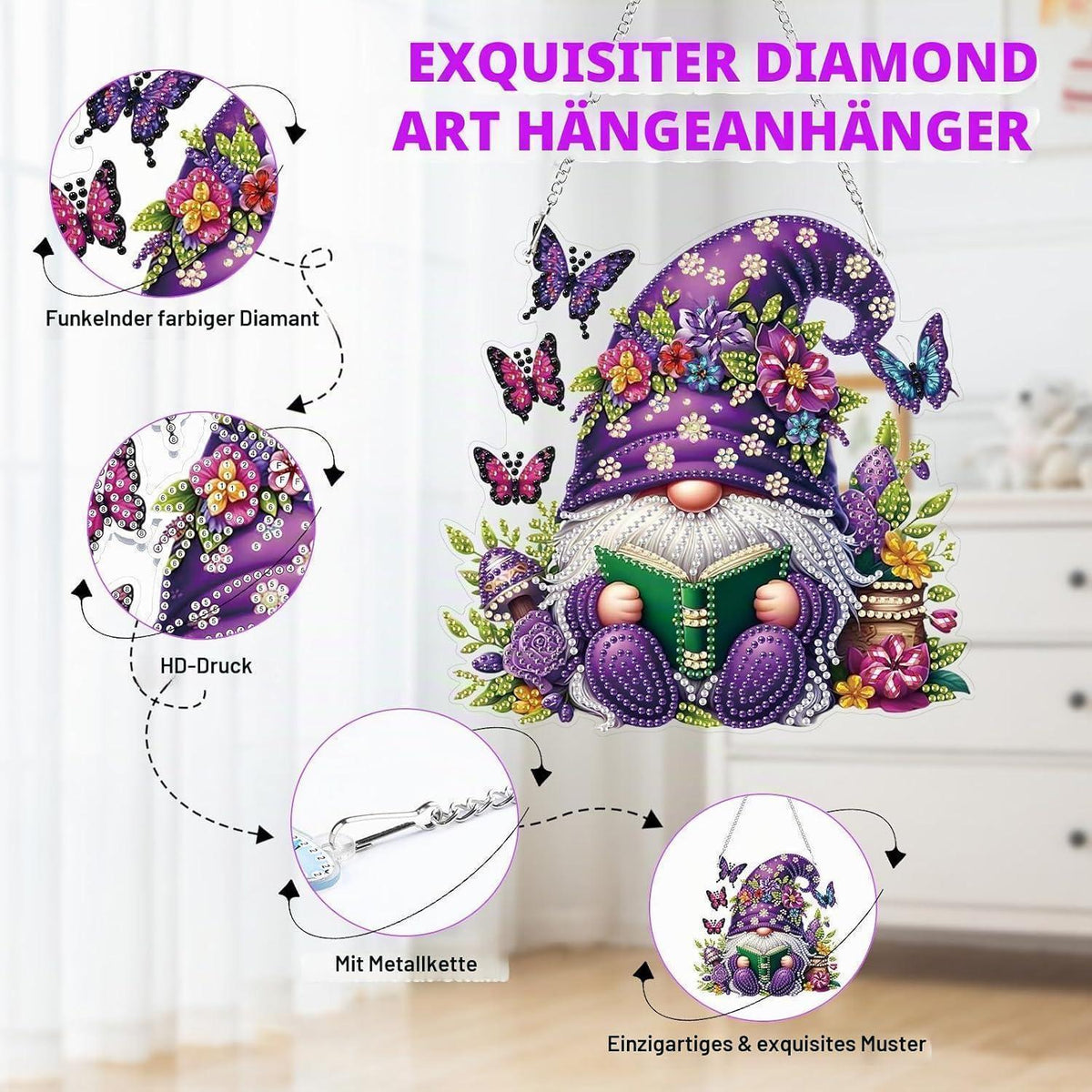 Diamantmalerei Anhänger Gnome – DIY Fensterbild für Erwachsene & Kinder