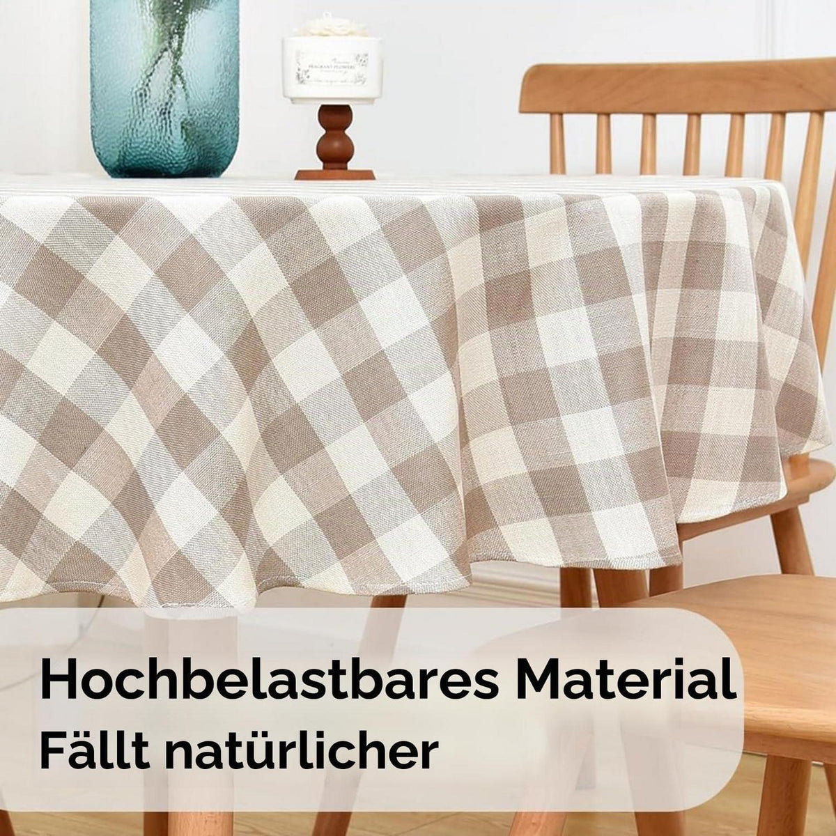 Runde Tischdecke Beige Kariert Ø135cm – Abwaschbar & Leinenoptik