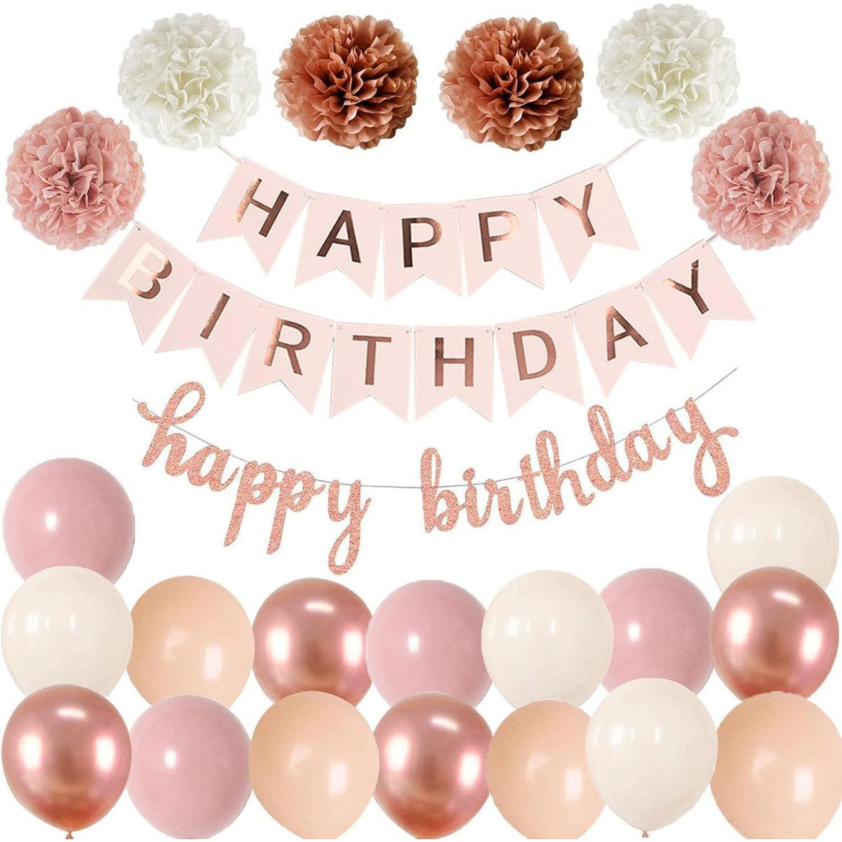 Geburtstagsdeko Set Rosa Rosegold Girlande Luftballons Pompoms