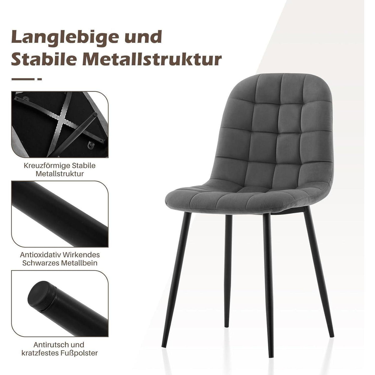 TUKAILAI Esszimmerstühle 2er-Set, Gepolsterte Samtstühle Grau