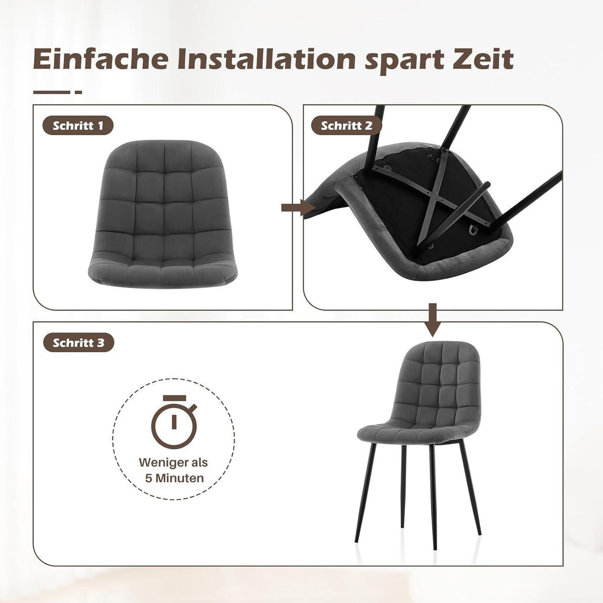 TUKAILAI Esszimmerstühle 2er-Set, Gepolsterte Samtstühle Grau