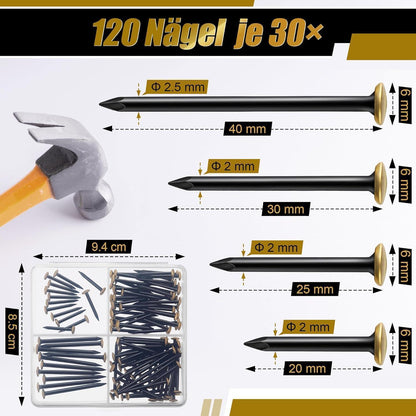 Bilder-Nägel Set 120 Stück, 4 Größen, goldener Kopf, ohne Bohren
