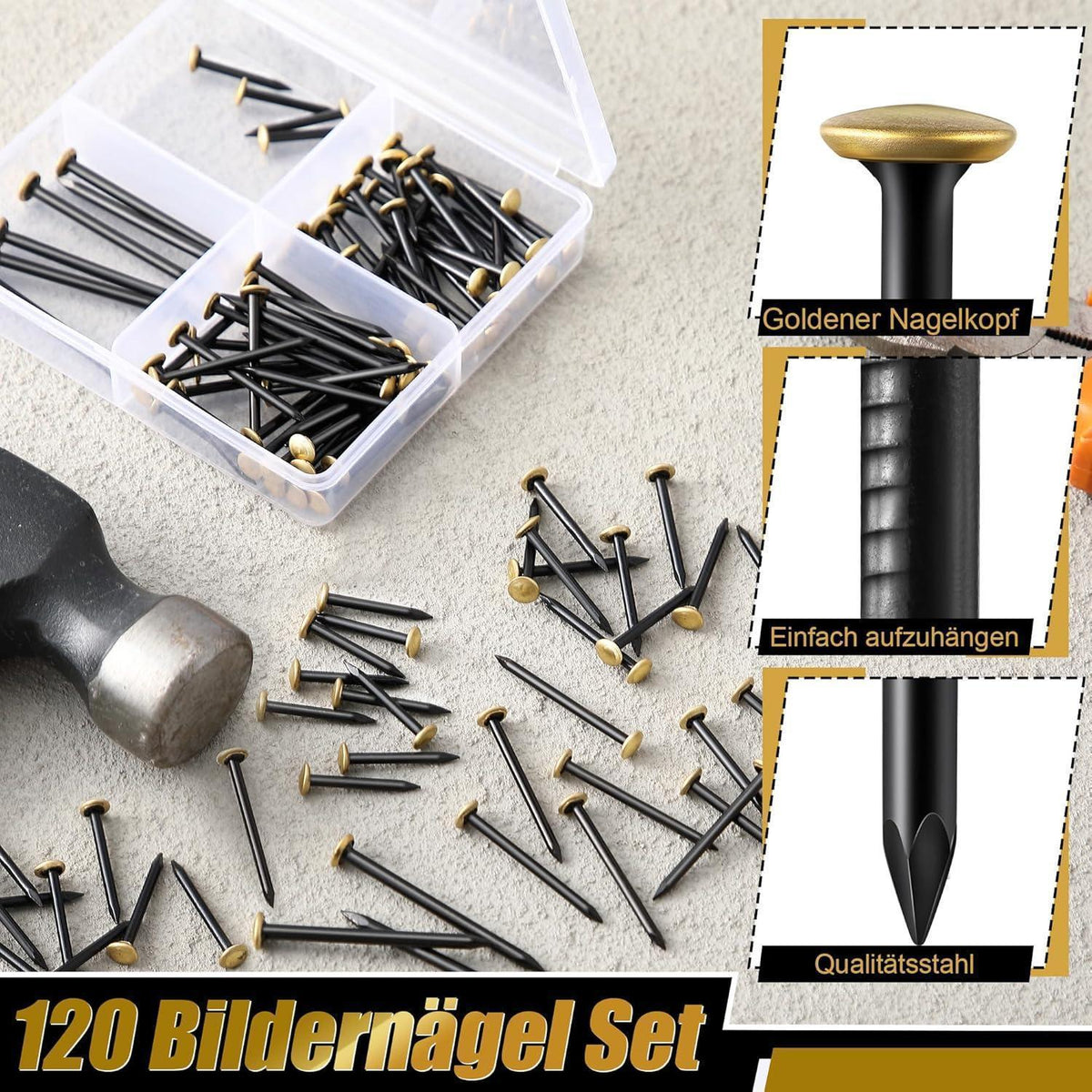 Bilder-Nägel Set 120 Stück, 4 Größen, goldener Kopf, ohne Bohren