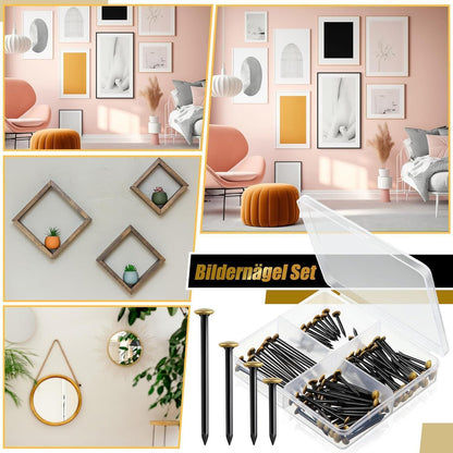 Bilder-Nägel Set 120 Stück, 4 Größen, goldener Kopf, ohne Bohren