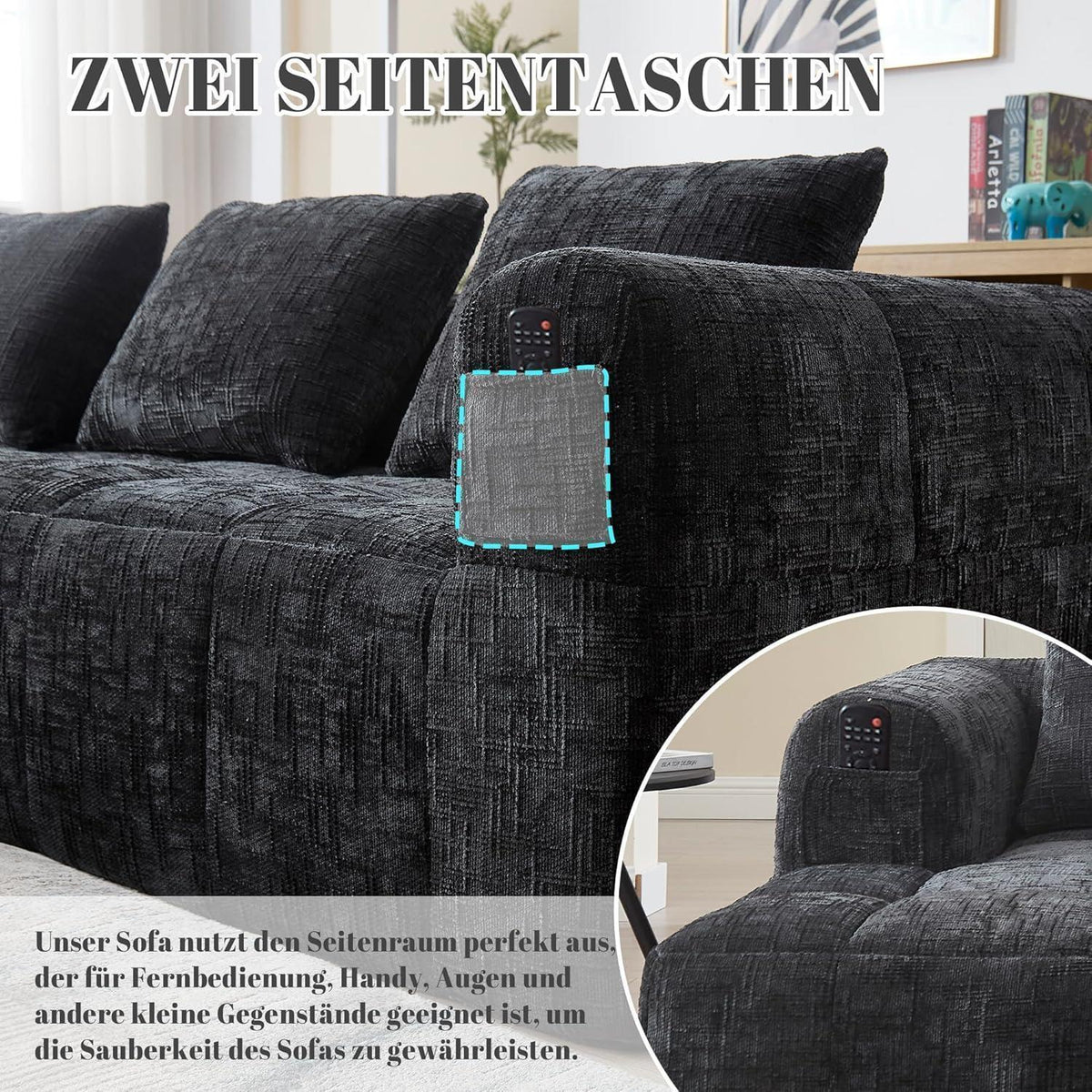 Modernes 3-Sitzer Sektionssofa mit Chaiselongue (Schwarz)